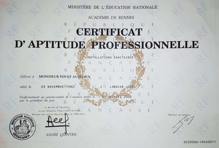 Certificat des installations sanitaires